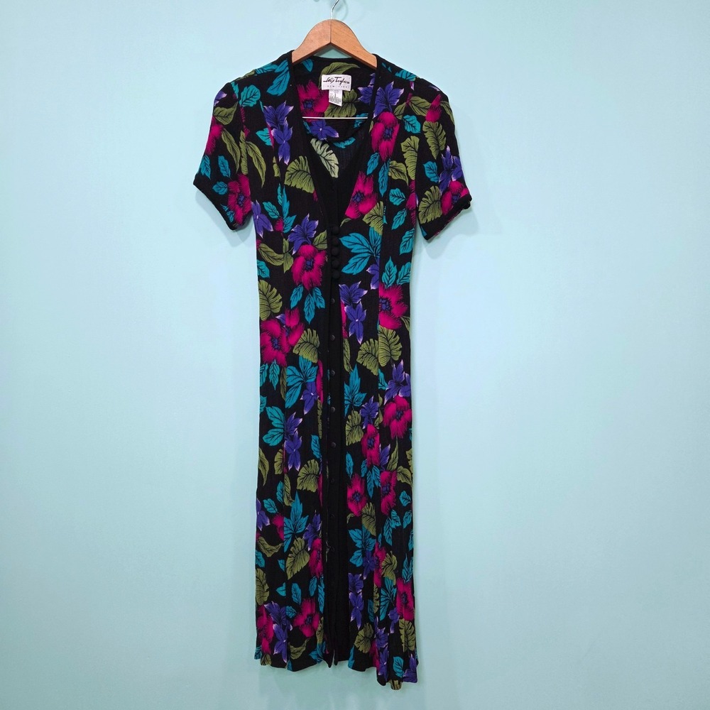 VTG Alix Taylor‎ Shirt Dress 8 Tropical Floral 90s Boho Y2K Midi Whimsy Buttons